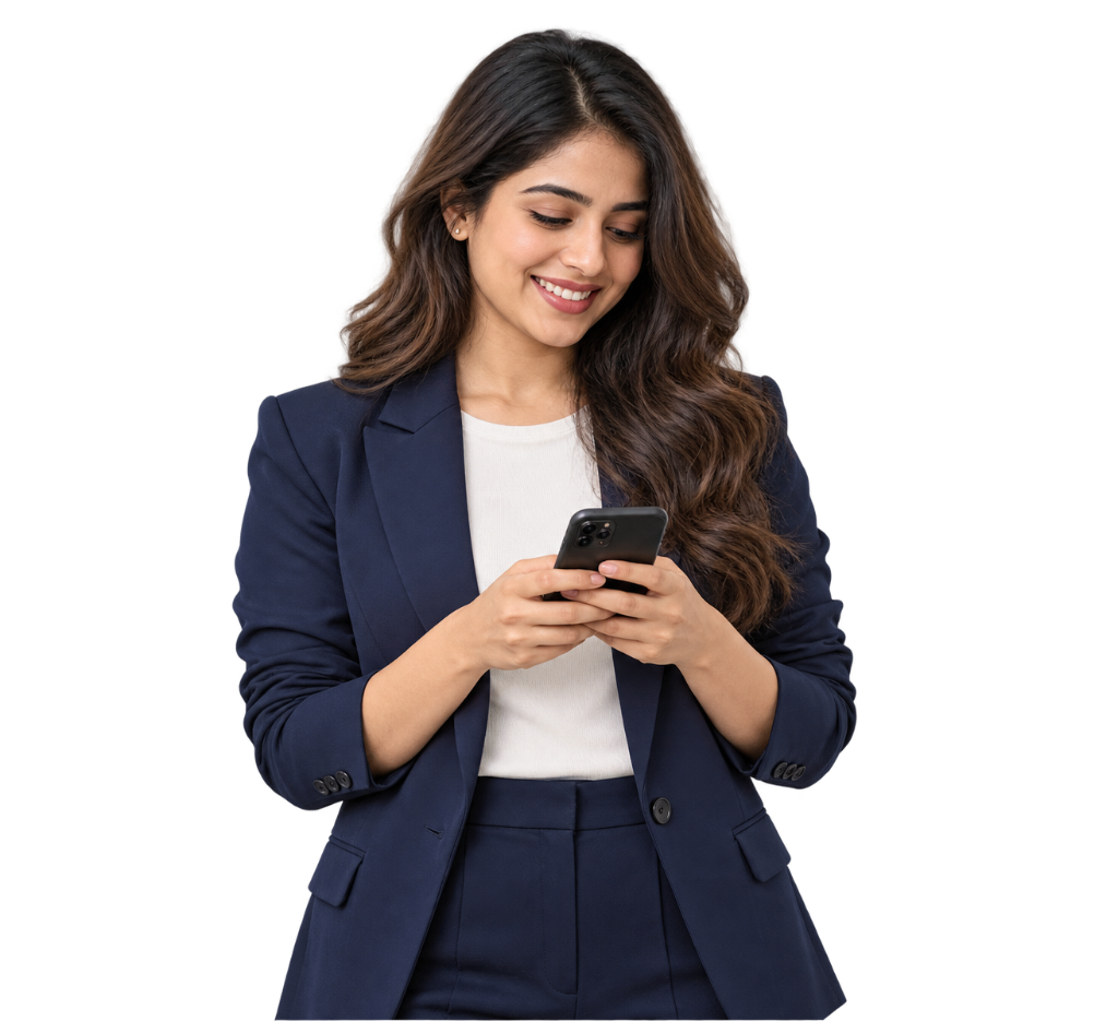 Smiling professional checking a job match on her phone